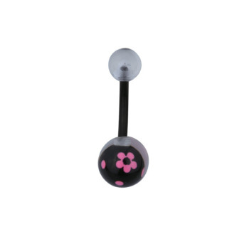 В пуп (банан в пупок) Piercing біопласт з чорними кульками з рожевими квіточками та горошком під прозорим пластиком UNCB51 (PRPP) 10-8847