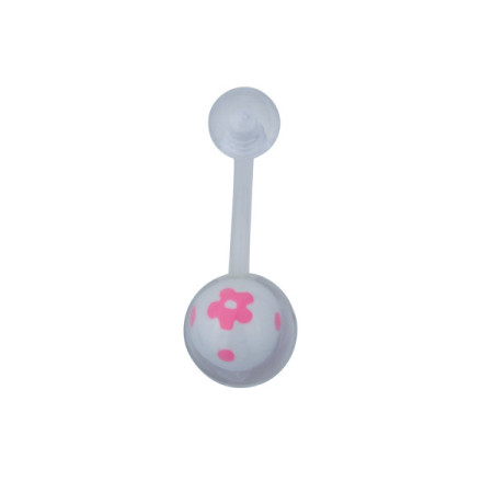 В пуп Piercing біопласт з білими кульками з рожевими квіточками та горошком під прозорим пластиком UNCB51 (PRPP) 10-8850